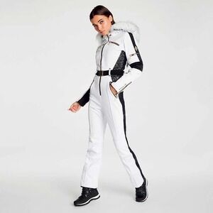 Luxury White Black Gold Fur Hooded Ski Suit Jumpsuit Women's Snowboard US 6